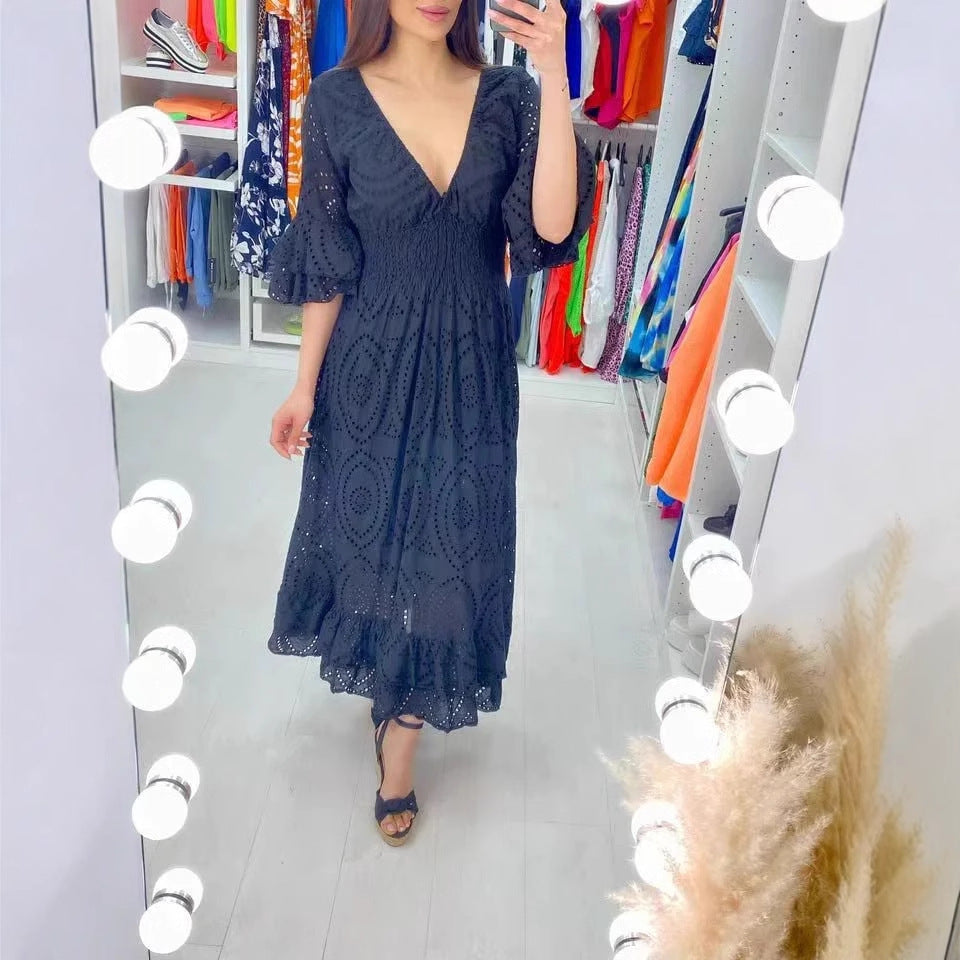 Maxikleid Damen mit Lochstickerei und Volantärmeln – Aurore