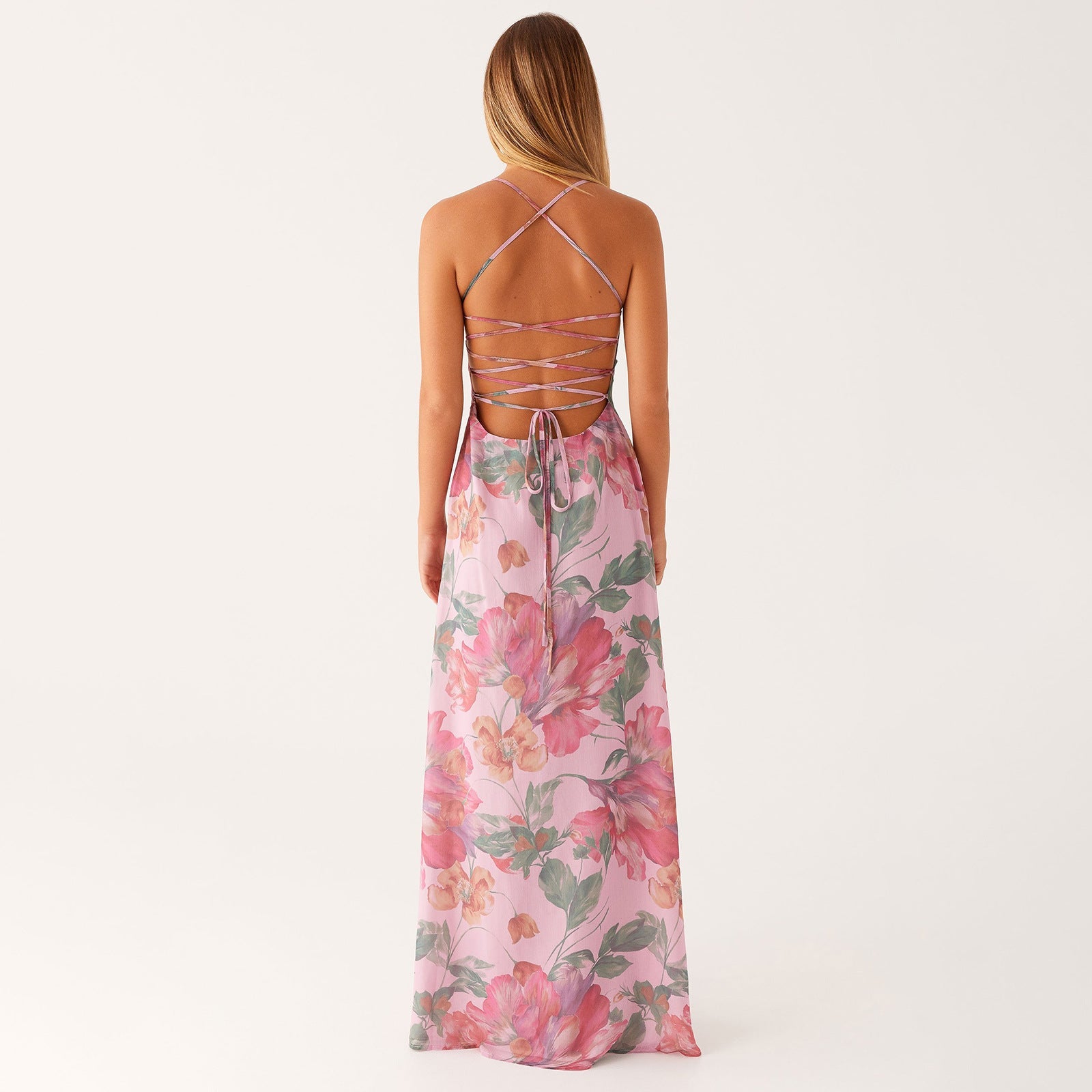 Maxikleid Damen mit Aquarell-Blumen-Print und Halter-Spaghettiträgern – Florentine