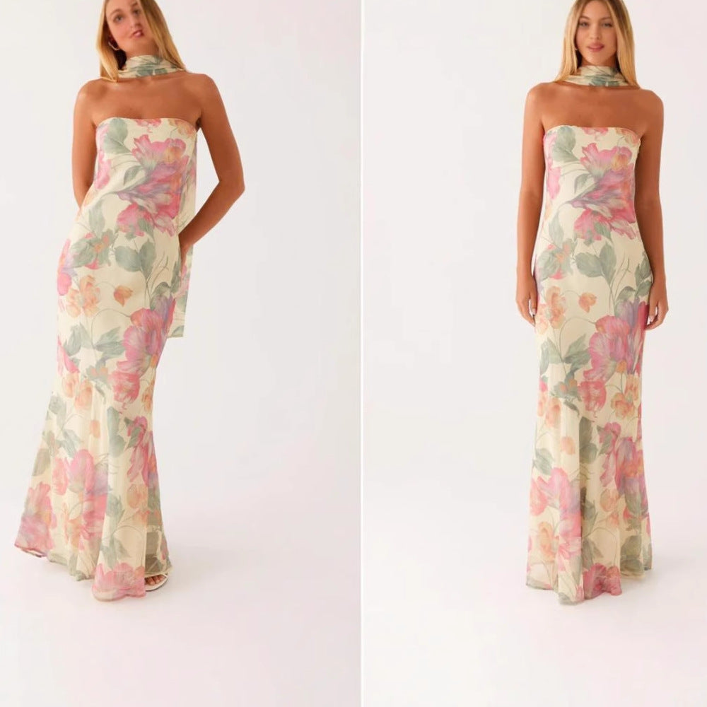 Abendkleid Damen mit Aquarell-Blumen-Print und Necktie-Detail – Rosabelle