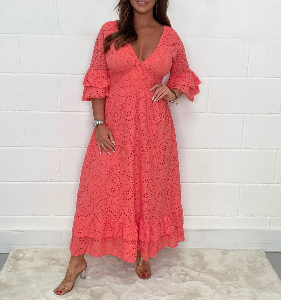 Maxikleid Damen mit Lochstickerei und Volantärmeln – Aurore