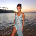 Strandkleid Damen mit Metallic-Muster und asymmetrischem Volant-Saum – Océane