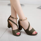 Sandalen Damen mit Blockabsatz und goldenem Knöchelriemen in Wildlederoptik – Ginevra