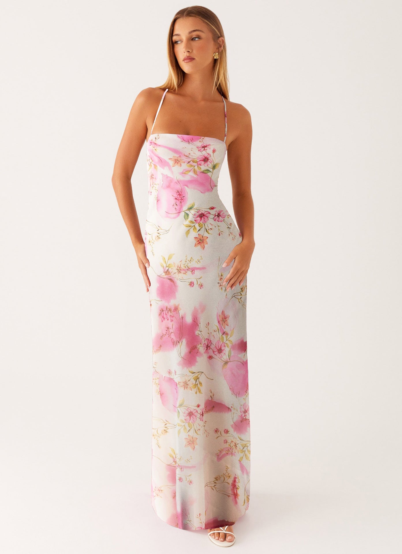 Maxikleid Damen mit Aquarell-Blumen-Print und Halter-Spaghettiträgern – Florentine