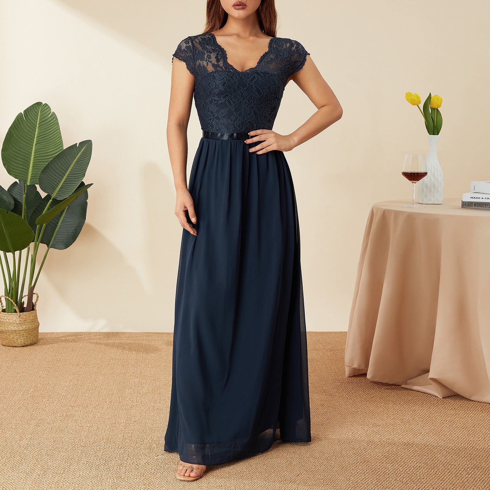 Abendkleid Damen mit Spitzen-Oberteil und Chiffon-Maxirock – Éléonore
