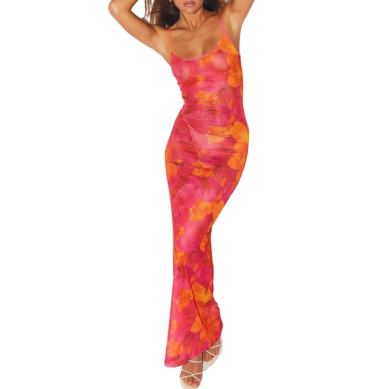 Maxikleid Damen mit großformatigem Blumen-Print und Mesh-Stoff – Flamboya