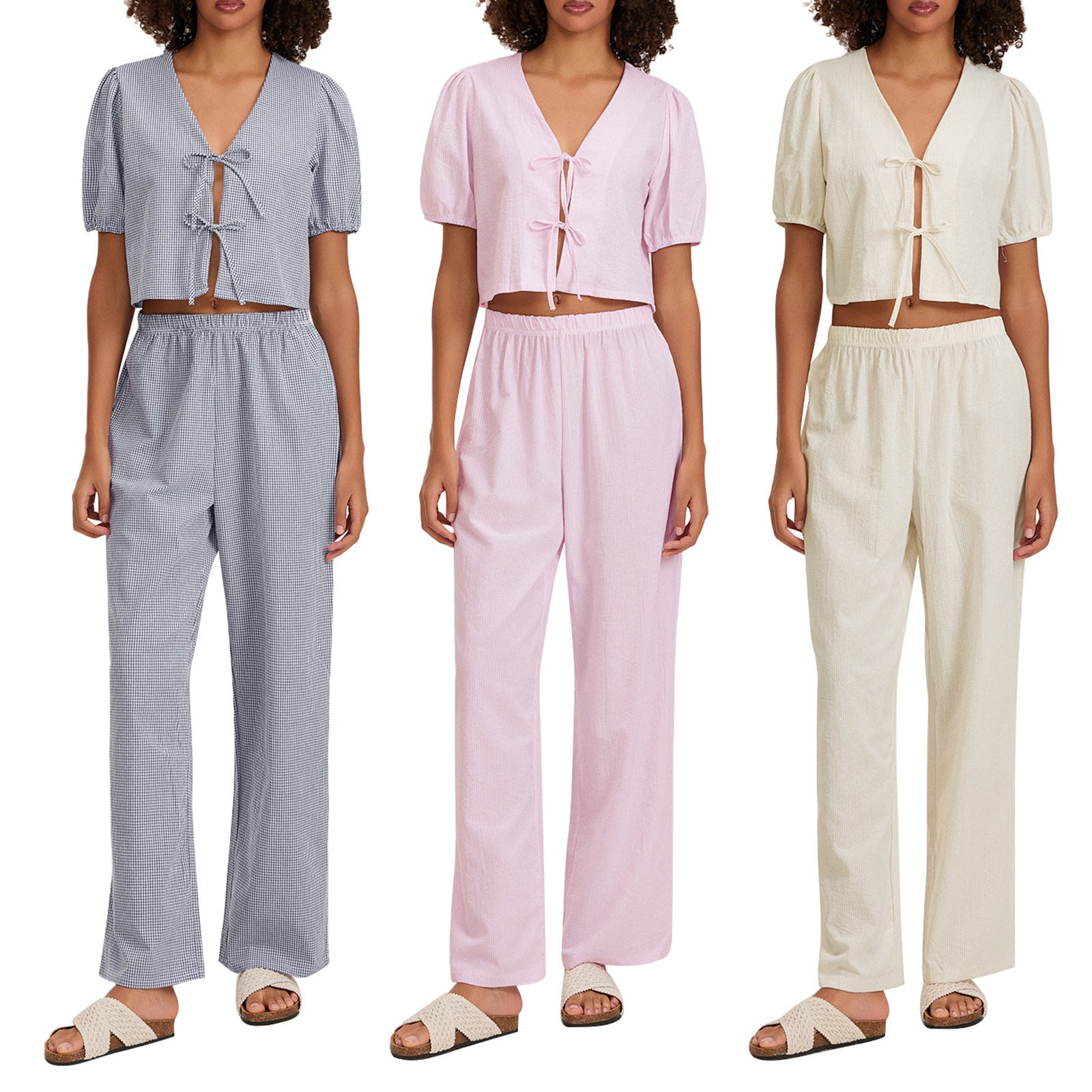 Zweiteiler Damen mit Puffärmel-Crop-Top und weiter Hose – Lilavette