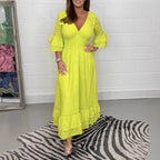 Maxikleid Damen mit Lochstickerei und Volantärmeln – Aurore