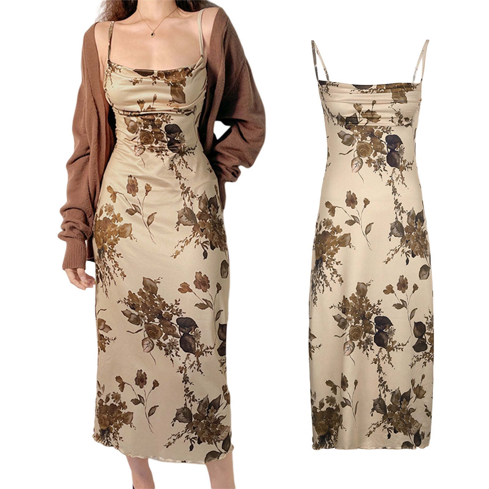 Slip-Dress Damen mit Vintage-Blumen-Print und Wasserfallausschnitt – Amabelle
