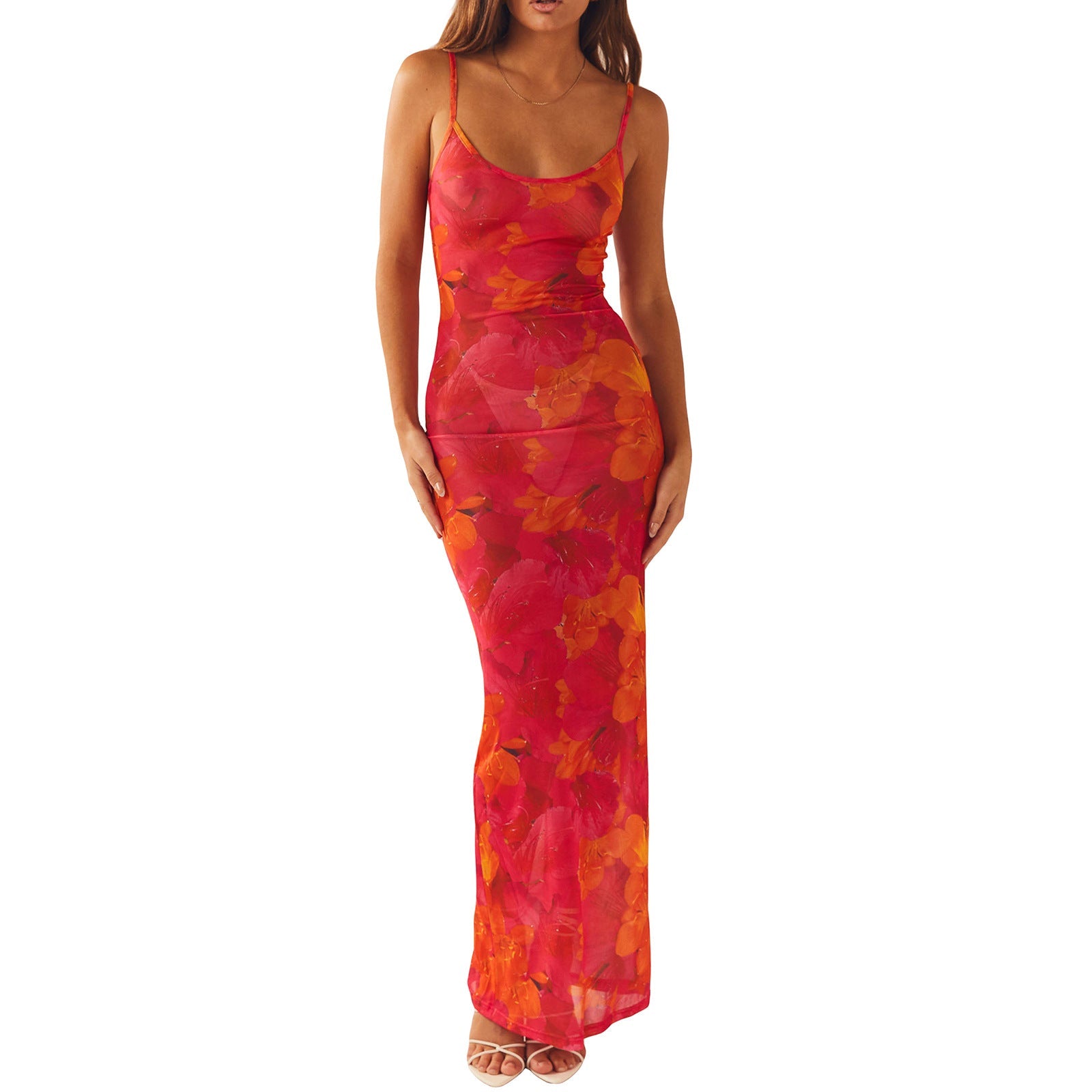 Maxikleid Damen mit großformatigem Blumen-Print und Mesh-Stoff – Flamboya