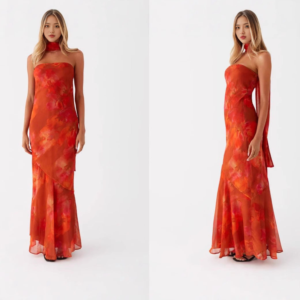 Abendkleid Damen mit Aquarell-Blumen-Print und Necktie-Detail – Rosabelle