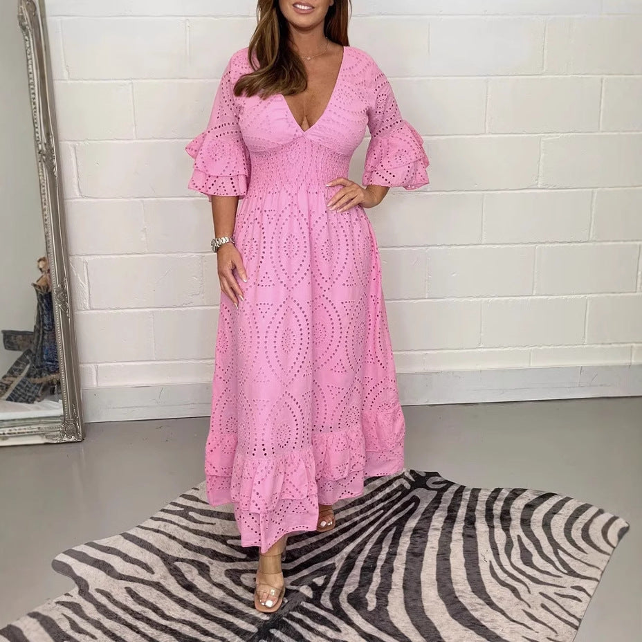 Maxikleid Damen mit Lochstickerei und Volantärmeln – Aurore