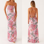 Maxikleid Damen mit Aquarell-Blumen-Print und Halter-Spaghettiträgern – Florentine