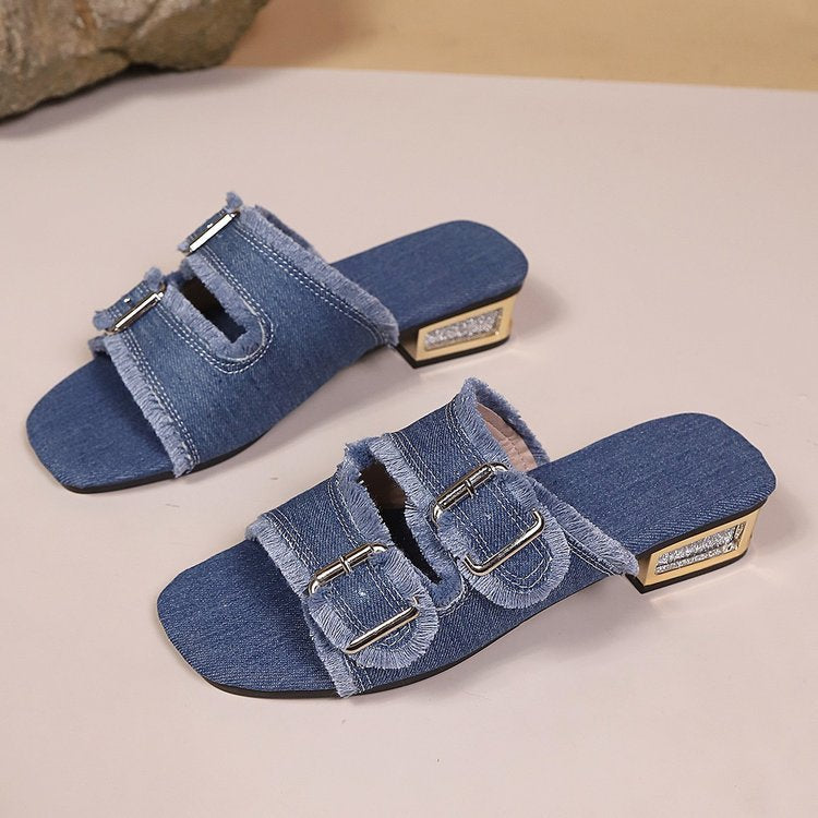 Sandalen Damen mit Denim-Optik und Doppelschnalle – Joëlle
