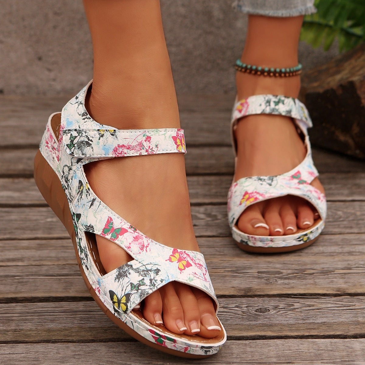 Keilsandalen Damen mit Blumen-Print und Klettverschluss – Marisol