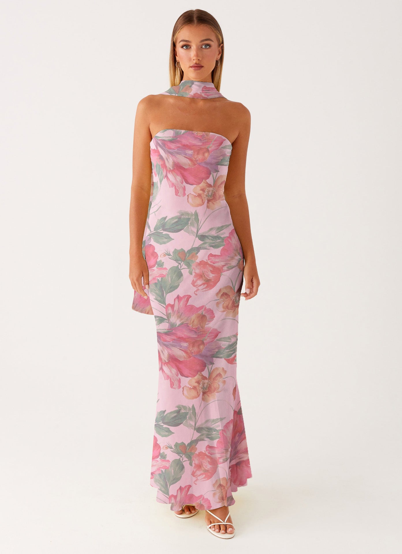 Abendkleid Damen mit Aquarell-Blumen-Print und Necktie-Detail – Rosabelle