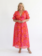 Midikleid Damen mit tropischem Print und Puffärmeln – Seraphina