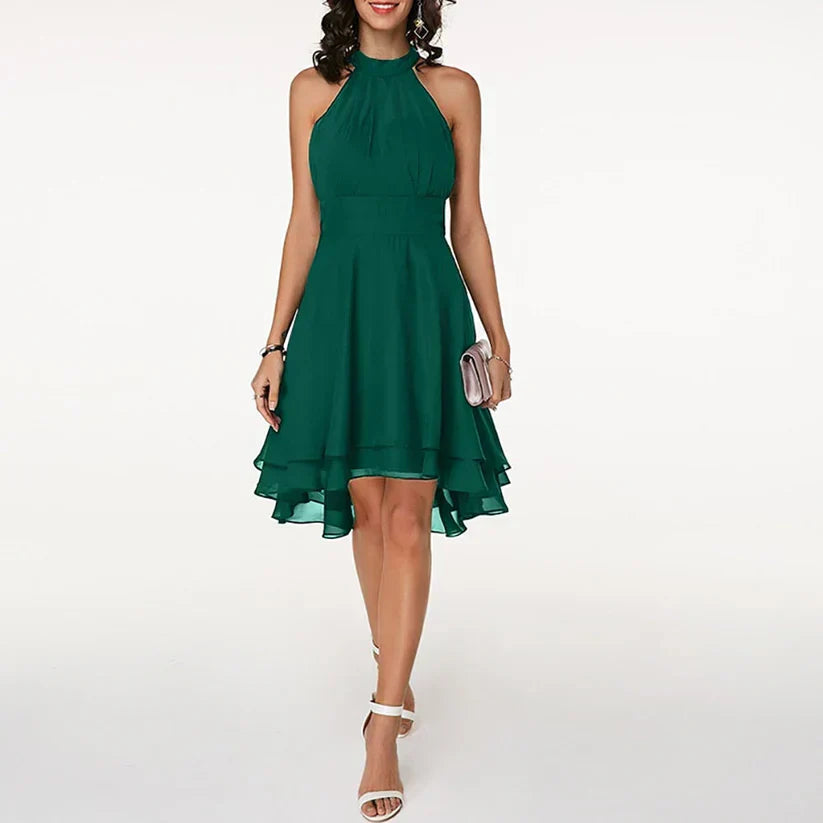 Minikleid Damen mit Neckholder-Ausschnitt und Chiffon-Stufenrock in High-Low-Schnitt – Blanchette