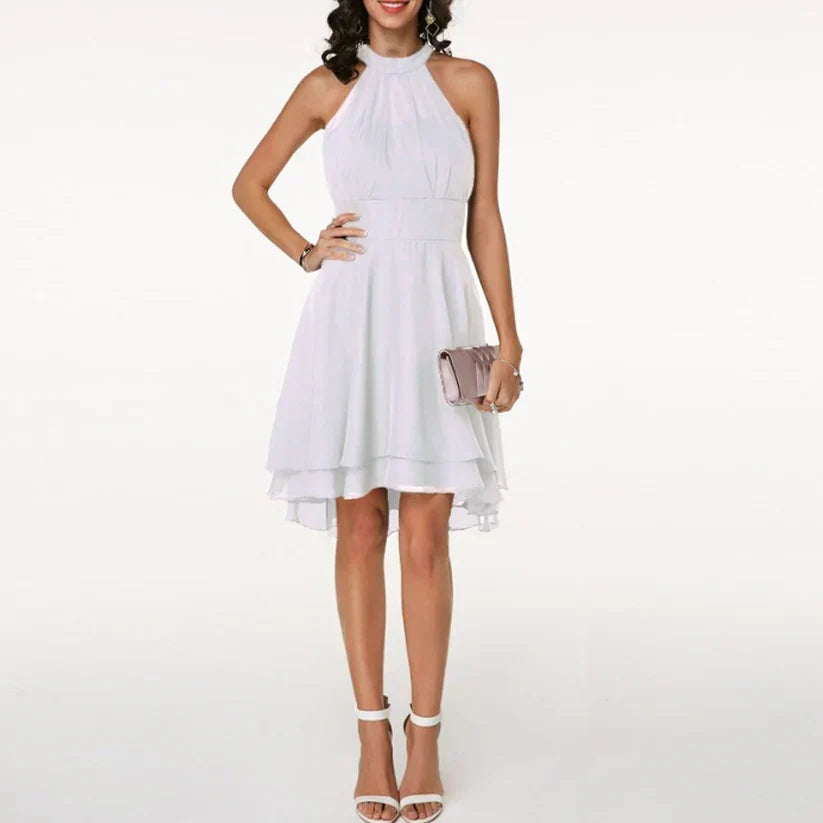 Minikleid Damen mit Neckholder-Ausschnitt und Chiffon-Stufenrock in High-Low-Schnitt – Blanchette