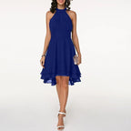 Minikleid Damen mit Neckholder-Ausschnitt und Chiffon-Stufenrock in High-Low-Schnitt – Blanchette