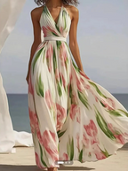 Maxikleid Damen mit tiefem V-Ausschnitt und Chiffon-Blumenmuster – Joëlle