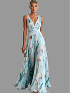 Maxikleid Damen mit tiefem V-Ausschnitt und Chiffon-Blumenmuster – Joëlle