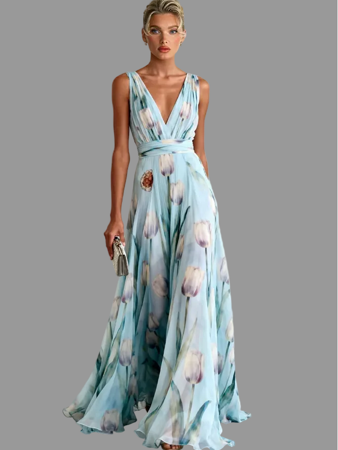 Maxikleid Damen mit tiefem V-Ausschnitt und Chiffon-Blumenmuster – Joëlle