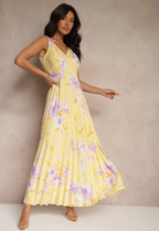 Maxikleid Damen mit tiefem V-Ausschnitt und Chiffon-Blumenmuster – Joëlle