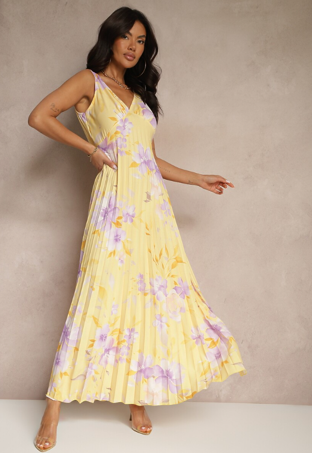 Maxikleid Damen mit tiefem V-Ausschnitt und Chiffon-Blumenmuster – Joëlle