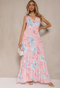Maxikleid Damen mit tiefem V-Ausschnitt und Chiffon-Blumenmuster – Joëlle