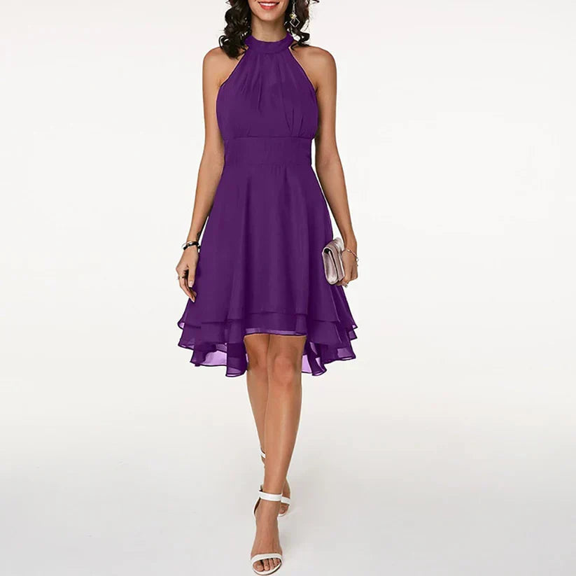 Minikleid Damen mit Neckholder-Ausschnitt und Chiffon-Stufenrock in High-Low-Schnitt – Blanchette