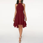 Minikleid Damen mit Neckholder-Ausschnitt und Chiffon-Stufenrock in High-Low-Schnitt – Blanchette