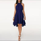 Minikleid Damen mit Neckholder-Ausschnitt und Chiffon-Stufenrock in High-Low-Schnitt – Blanchette