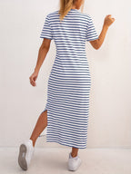 Striped Jersey Midi Dress with Side Split and Short Sleeves