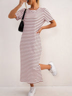 Striped Jersey Midi Dress with Side Split and Short Sleeves