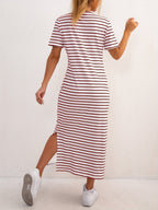 Striped Jersey Midi Dress with Side Split and Short Sleeves