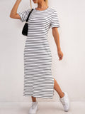Striped Jersey Midi Dress with Side Split and Short Sleeves