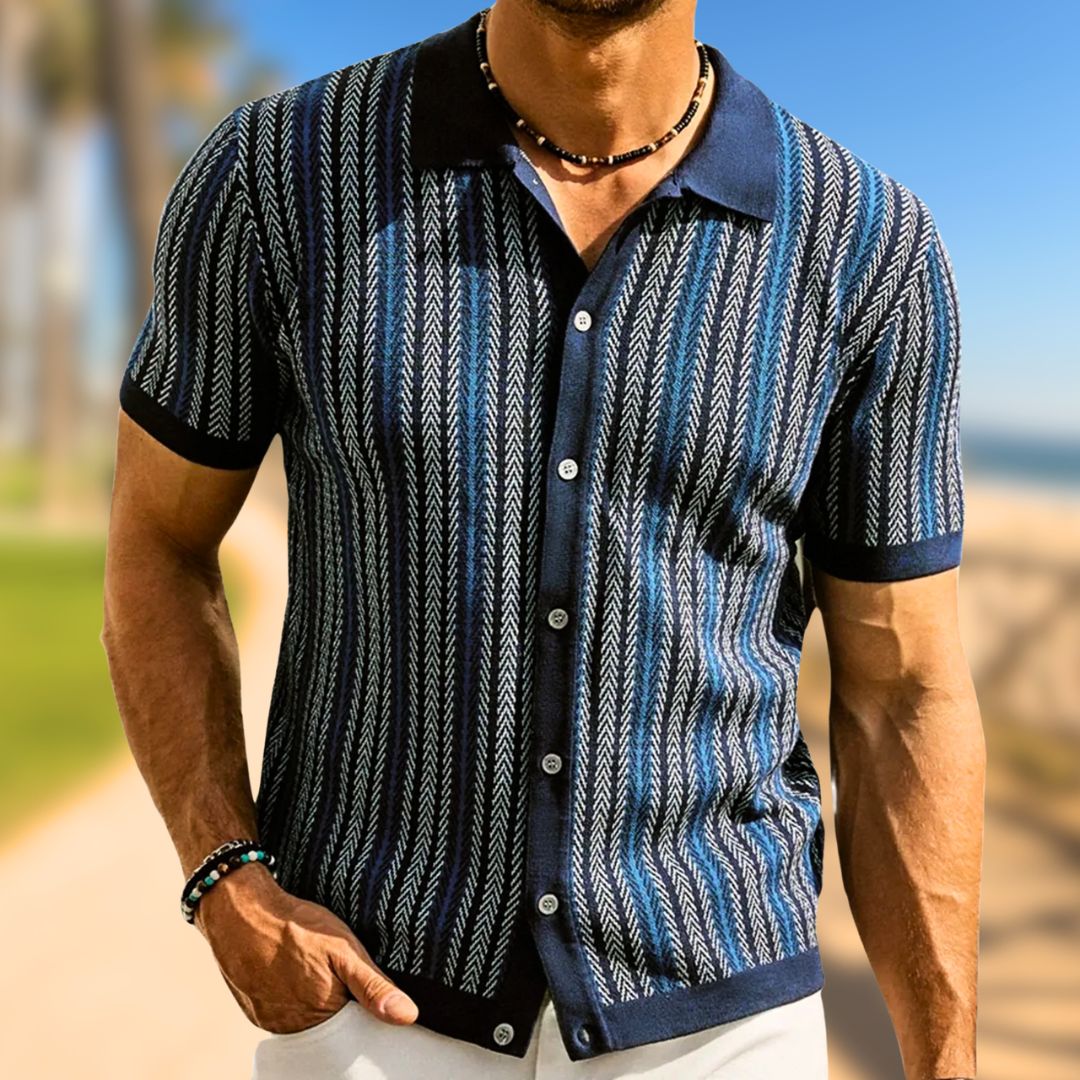Strickpullover Herren mit Jacquard-Streifenmuster und Polokragen – Leandro