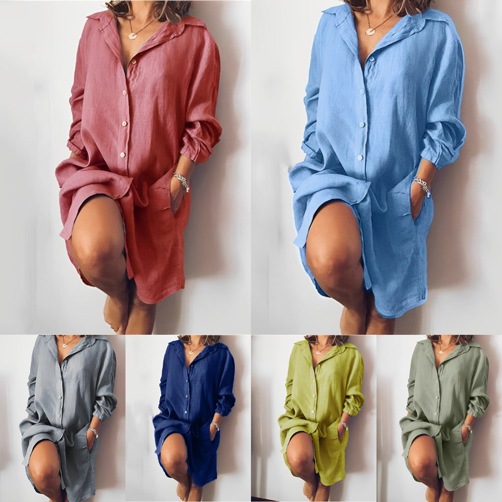 Minikleid Damen mit Hemdkragen und Leinenmix in Oversized-Schnitt – Romane