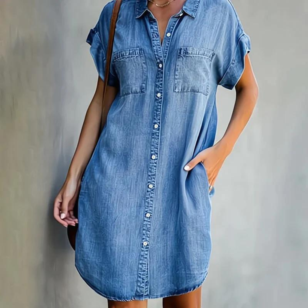 Minikleid Damen mit Denim-Optik und Hemdkragen und Druckknopfleiste – Nicolette