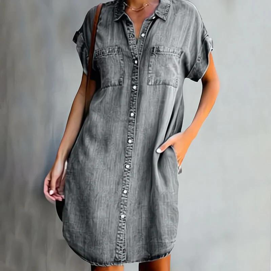 Minikleid Damen mit Denim-Optik und Hemdkragen und Druckknopfleiste – Nicolette