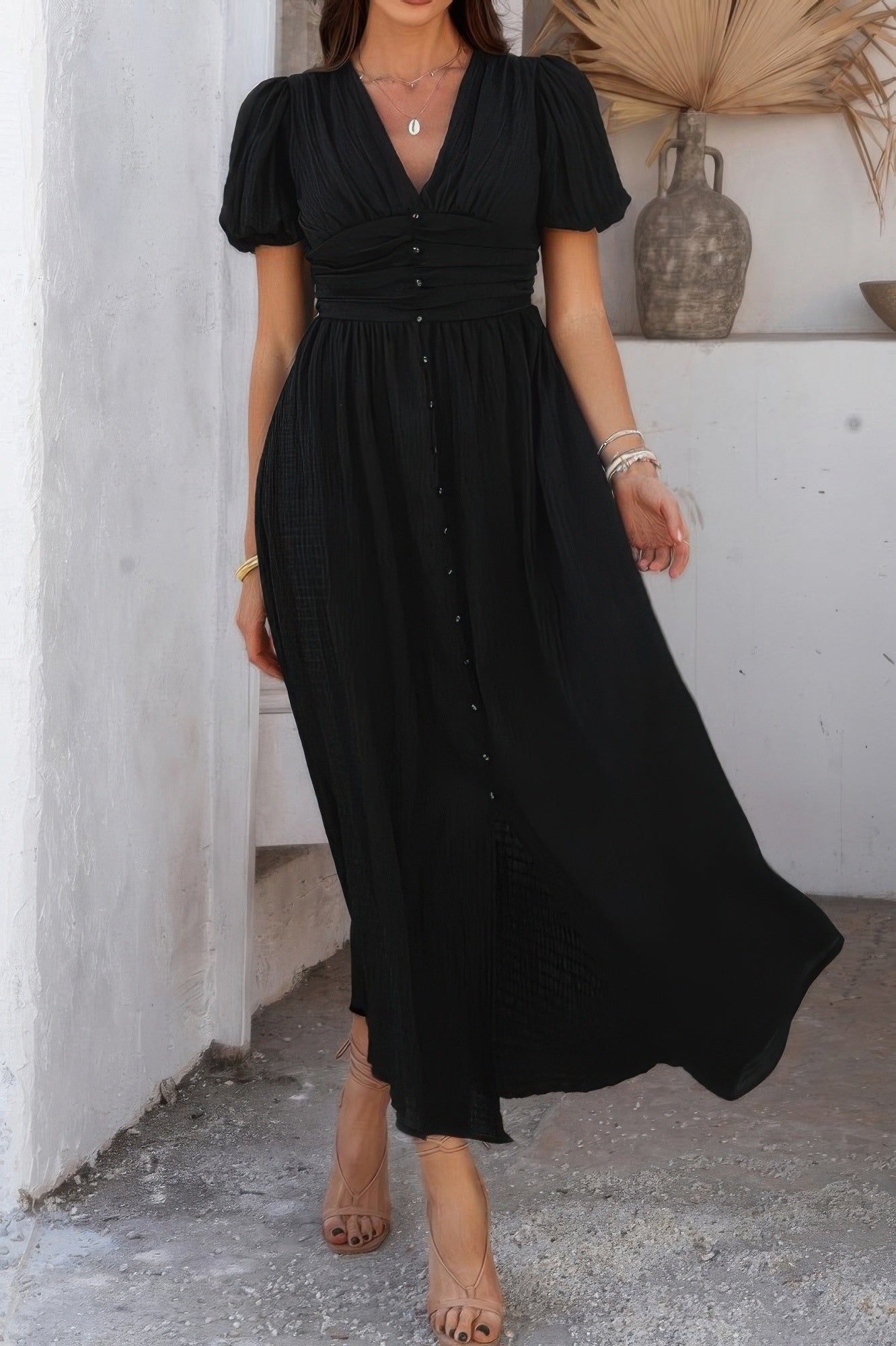 Midikleid Damen mit Puffärmeln und durchgehender Knopfleiste – Célimène