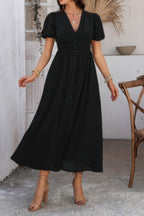 Midikleid Damen mit Puffärmeln und durchgehender Knopfleiste – Célimène