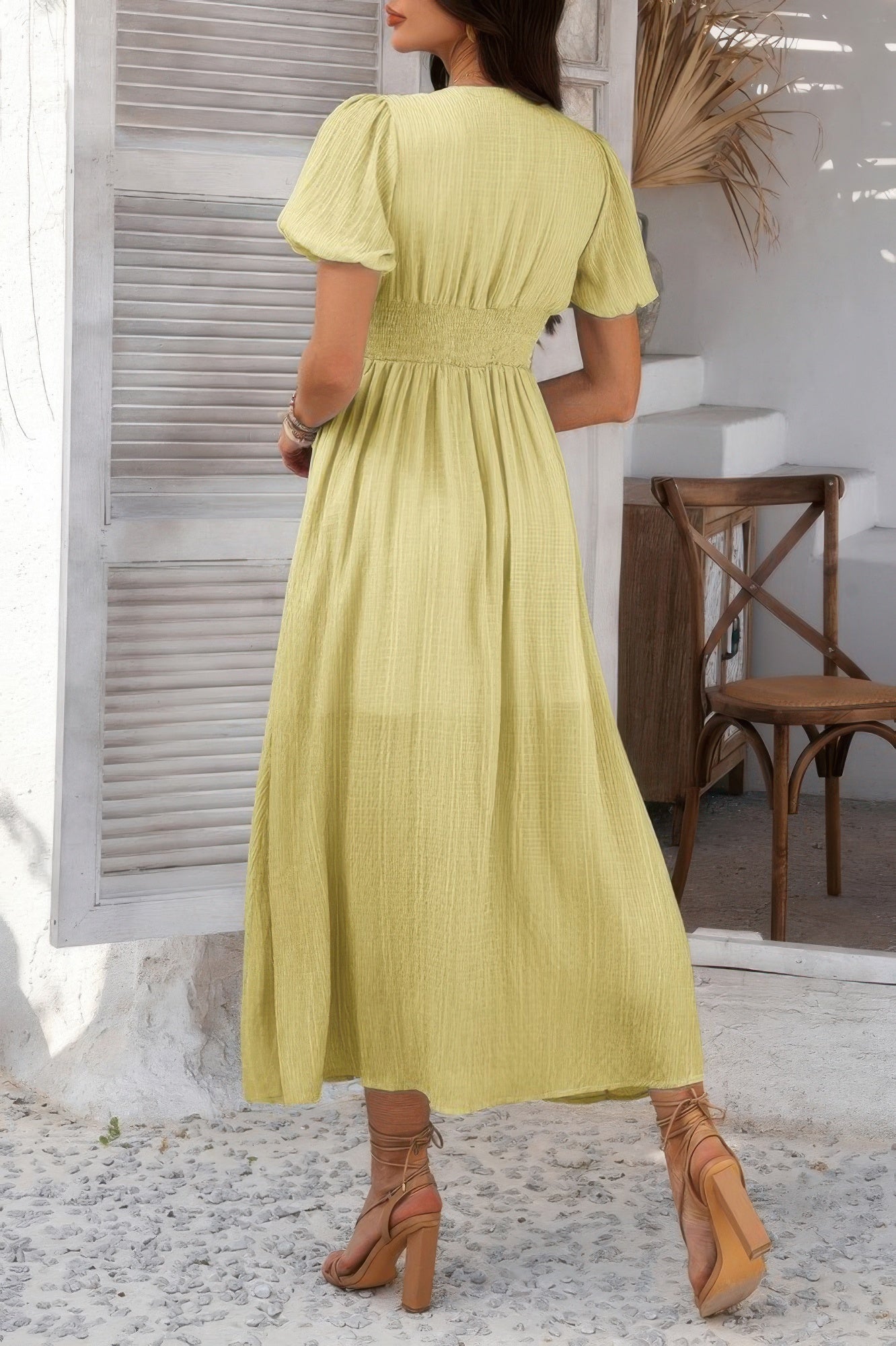 Midikleid Damen mit Puffärmeln und durchgehender Knopfleiste – Célimène