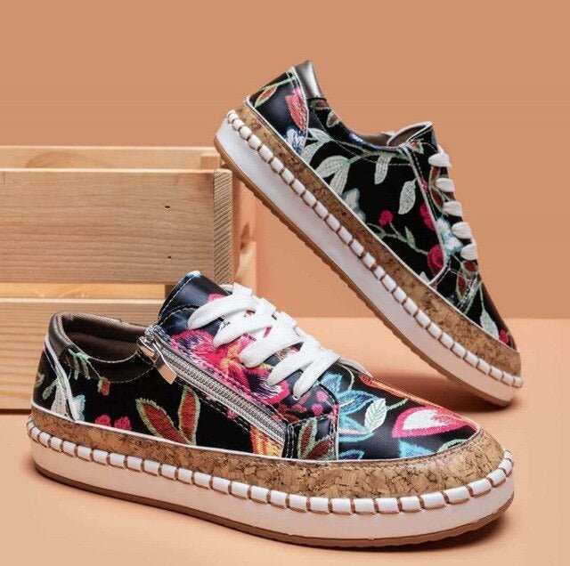 Plateau-Sneaker Damen mit Blumenstickerei und Kork-Sohle – Botanica