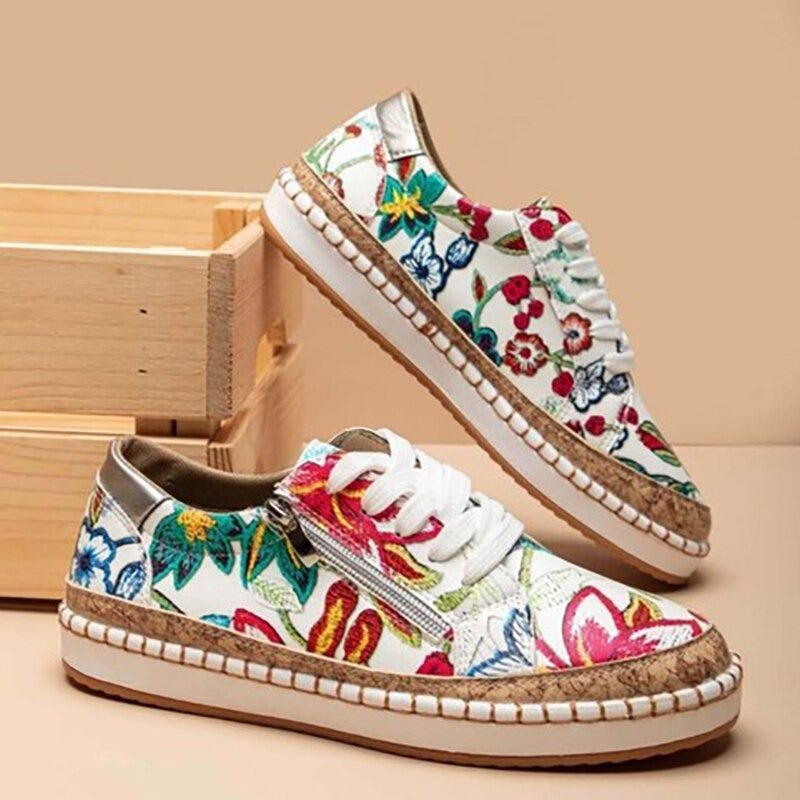 Plateau-Sneaker Damen mit Blumenstickerei und Kork-Sohle – Botanica