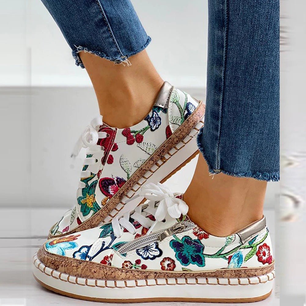 Plateau-Sneaker Damen mit Blumenstickerei und Kork-Sohle – Botanica