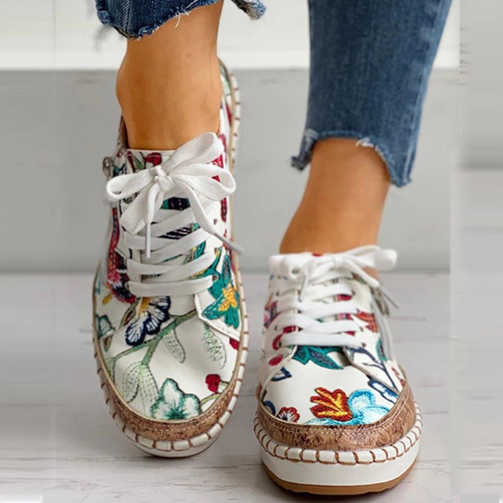 Plateau-Sneaker Damen mit Blumenstickerei und Kork-Sohle – Botanica