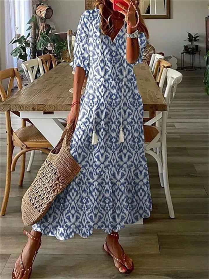 Maxikleid Damen mit Blumenprint und V-Ausschnitt mit Tunnelzugband – Louisette