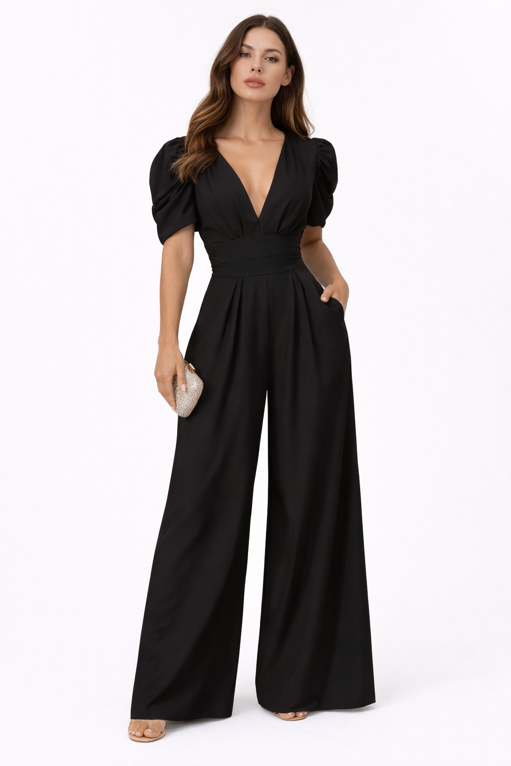 Jumpsuit Damen mit tiefem V-Ausschnitt und Puffärmeln – Valentina