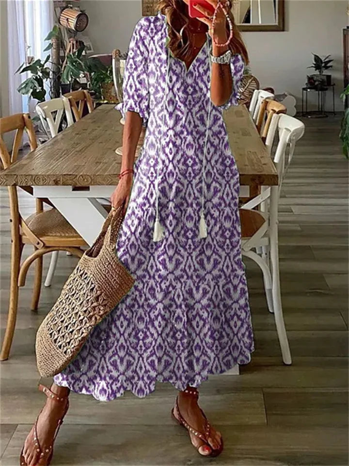 Maxikleid Damen mit Blumenprint und V-Ausschnitt mit Tunnelzugband – Louisette